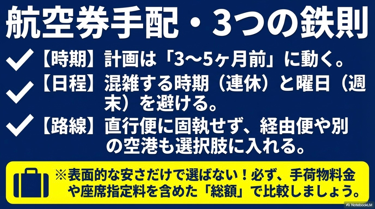 計画は3〜5ヶ月前 、混雑する時期と週末を避ける 、経由便も検討するという3つの鉄則 と、手荷物等を含めた総額比較の重要性をまとめたスライド 。