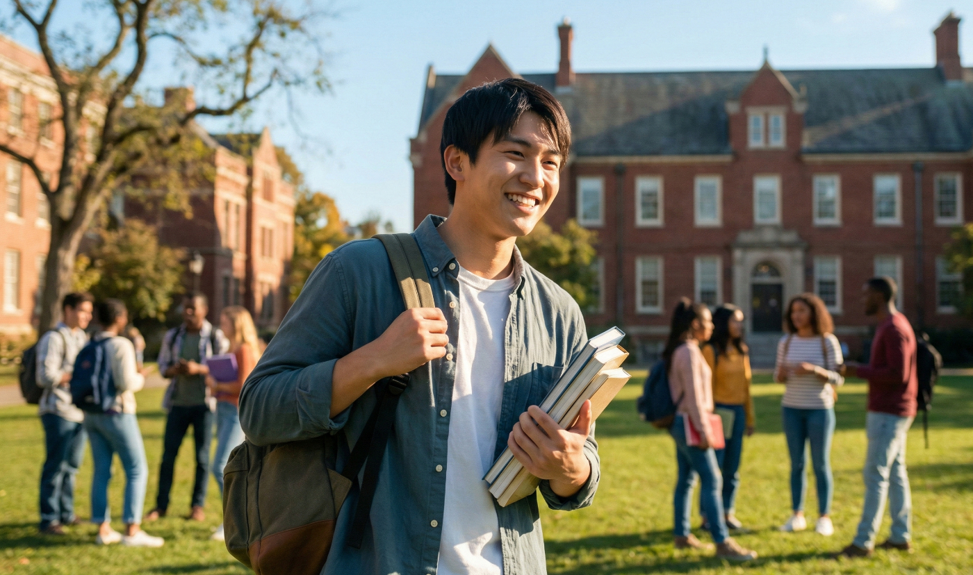 海外の美しい大学キャンパスで、自信を持って歩く留学生の姿。「現地での成功」や「充実した留学生活」をイメージ。