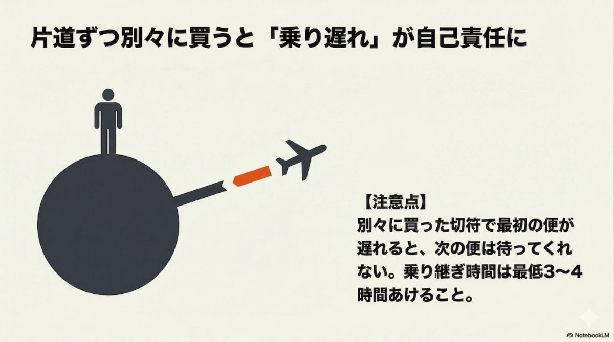 片道ずつ別々に買う航空券での乗り継ぎリスクを説明する図解