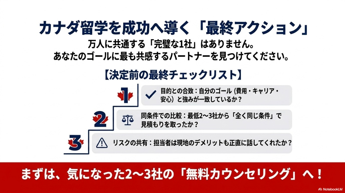 カナダ留学におけるエージェント決定前のチェックポイントをまとめたスライド