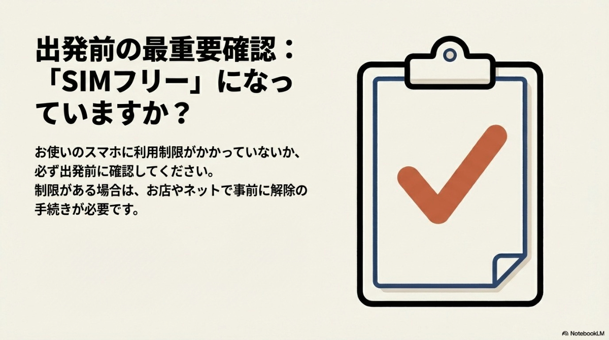 出発前にスマホに利用制限がかかっていないか、SIMフリーになっているかを確認するよう促すチェックリストのスライド