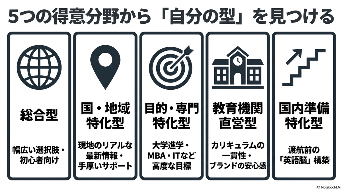 総合型、国・地域特化型、専門特化型、直営型、国内準備特化型の5つのタイプに留学エージェントを分類し特徴をまとめた図解