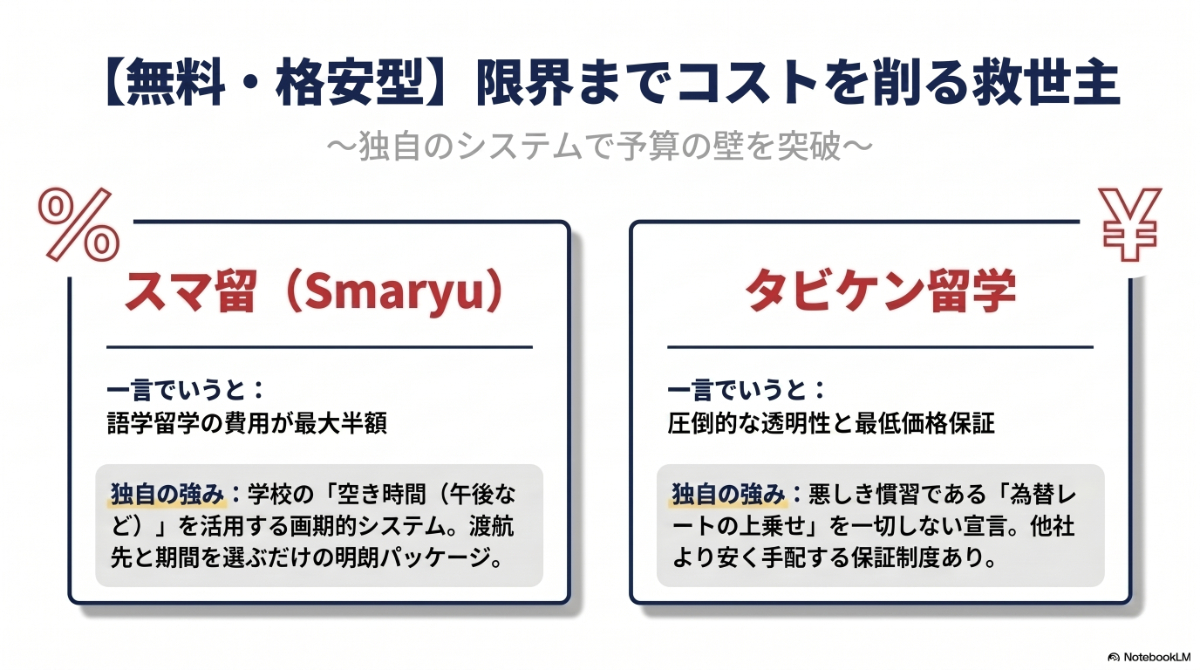 限界までコストを削れる無料・格安型エージェントとして、スマ留とタビケン留学の特徴を紹介したスライド