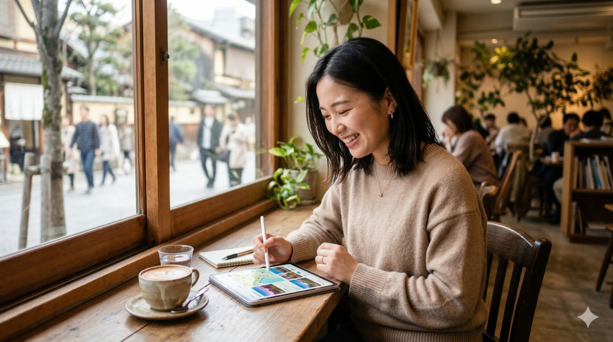カフェでタブレットを使って海外の周遊旅行の計画を立てる日本人女性