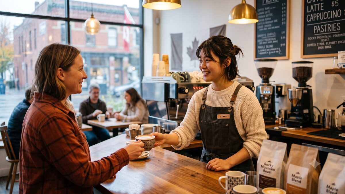 カナダ現地のローカルカフェでバリスタとして接客をする日本人女性