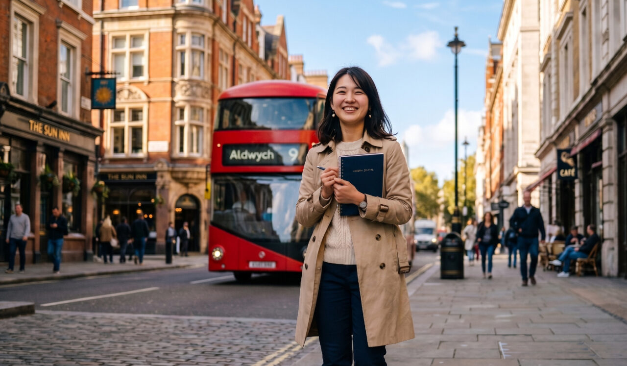 イギリスの街並みを背景に立つ日本人の女性留学生