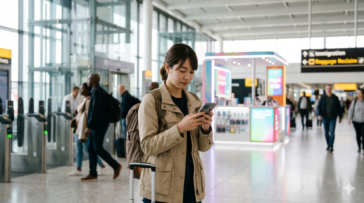 現地の空港に到着してSIMの設定をする日本人旅行者の様子