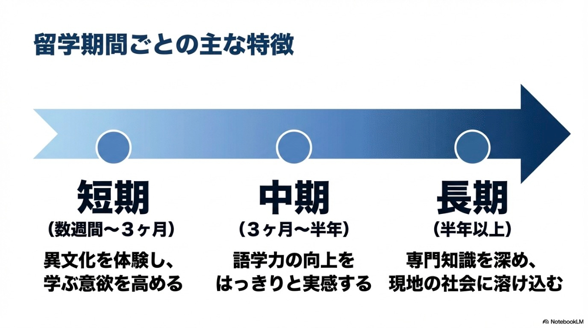 留学期間ごとの主な特徴を説明したスライド。