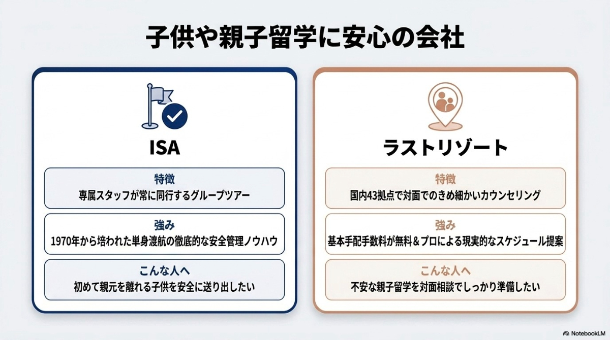ISAとラストリゾートの特徴と強みを比較した、子供や親子留学に安心の会社スライド