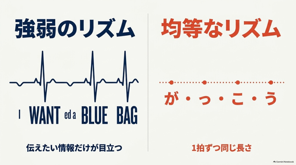 英語は伝えたい情報だけが目立つ強弱のリズムを持つのに対し、日本語は1拍ずつ同じ長さの均等なリズムを持つことを示す図