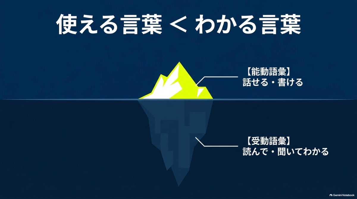 読んで・聞いてわかる「受動語彙」の方が、話せる・書ける「能動語彙」よりも大きいことを示した氷山のイラスト