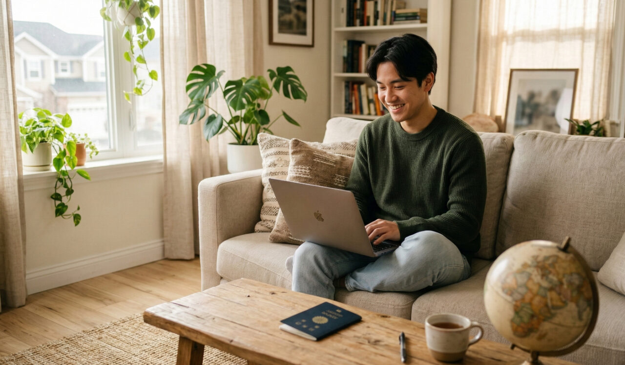 自宅のリラックスした環境で、スムーズに航空券を予約できている様子を表現。