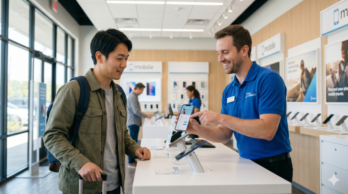 アメリカの街中にある携帯キャリアショップで、日本人男性旅行者が現地スタッフから説明を受けている様子。