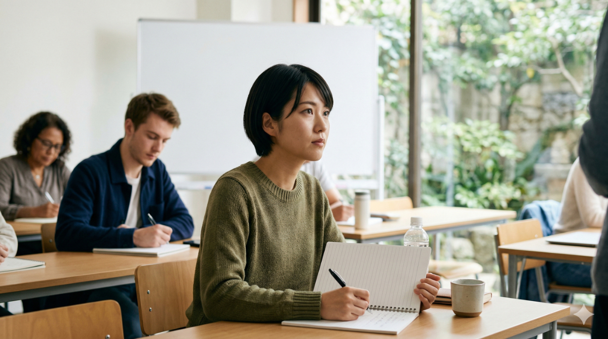 海外の語学学校でノートを取りながら勉強している様子
