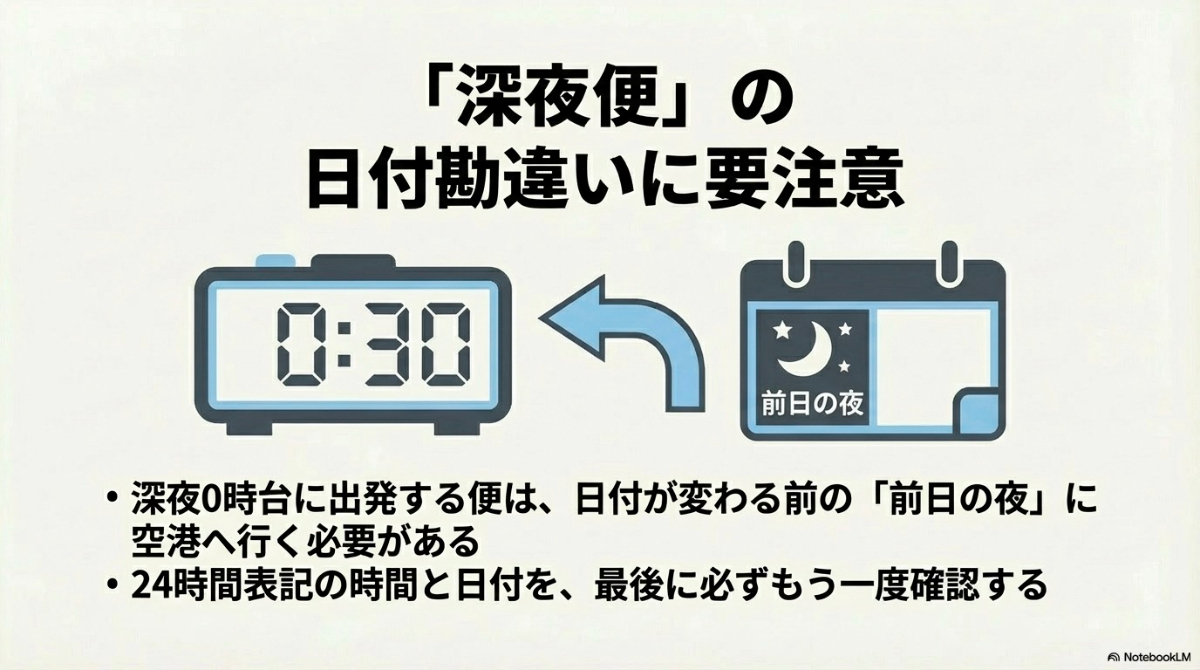 デジタル時計の「0:30」と「前日の夜」を示すカレンダーの図。深夜0時台に出発する便は日付が変わる前の「前日の夜」に空港へ行く必要があると説明するスライド 。
