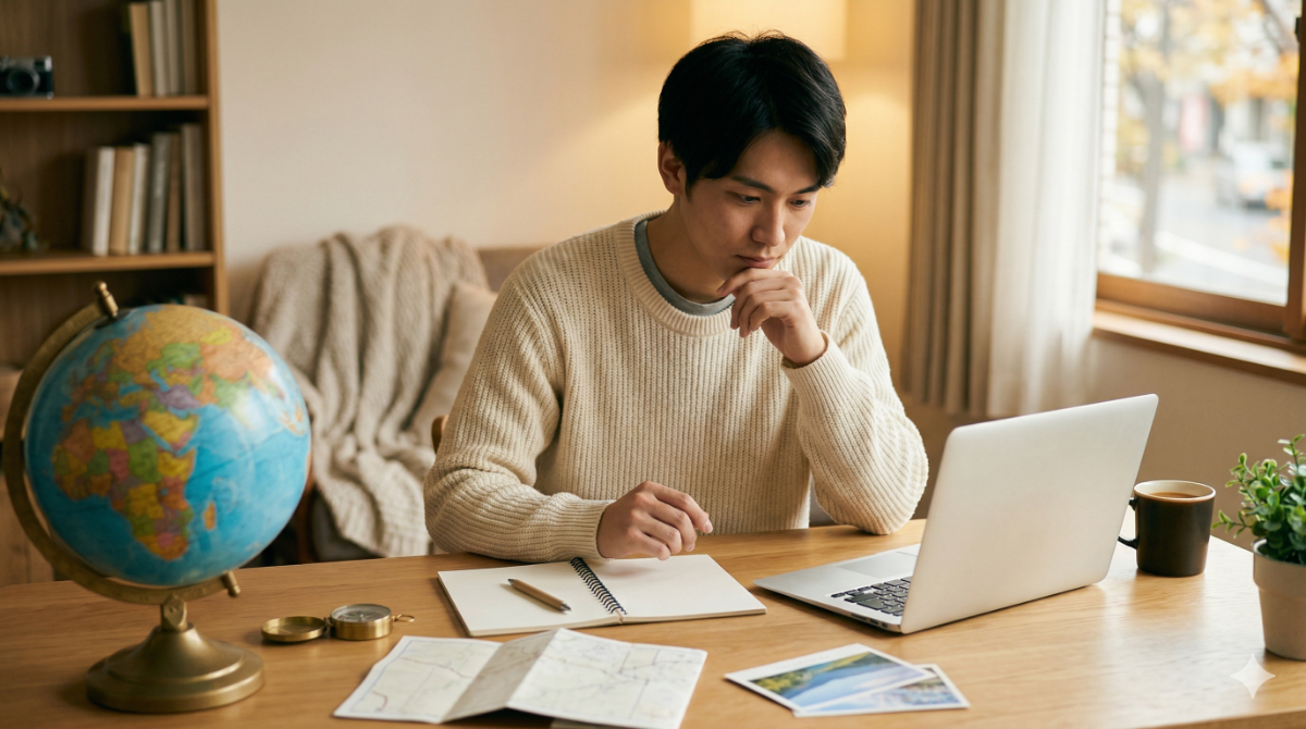 海外旅行に行くための情報収集と準備をしている日本人男性の様子
