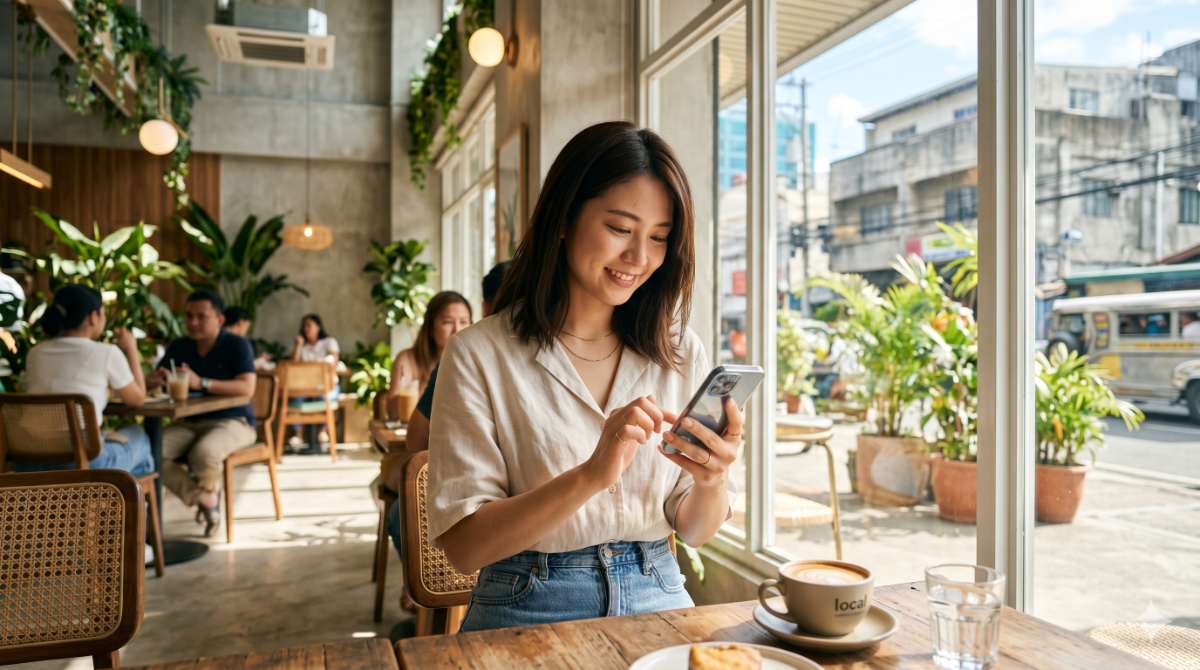 マニラ市内のモダンなカフェでスマートフォンを使って安定した通信を行う日本人女性