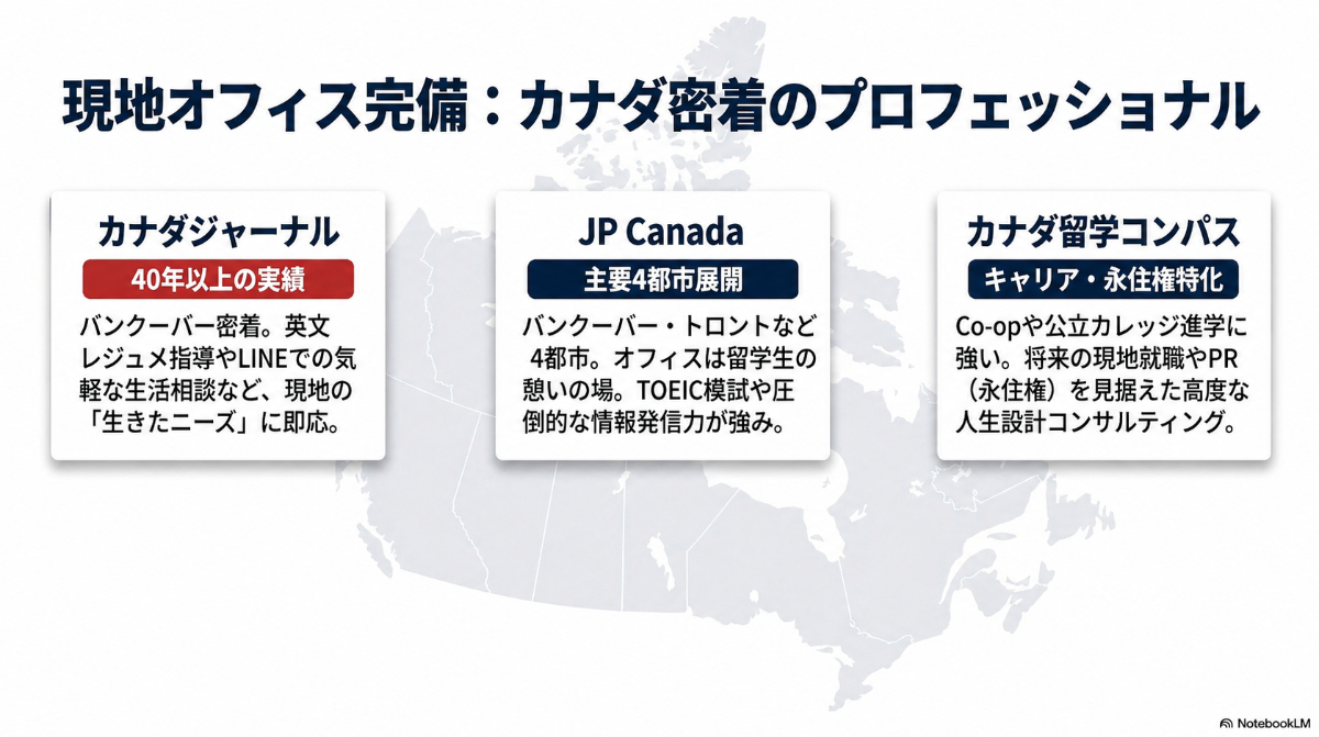 カナダでの手厚いサポートが強みの現地特化型エージェントーの特徴を紹介したスライド
