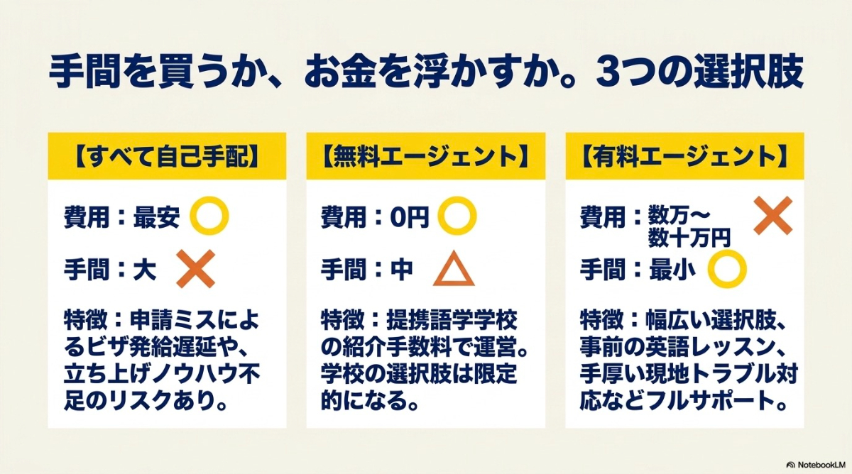 ワーホリ準備における自己手配、無料エージェント、有料エージェントの特徴比較スライド