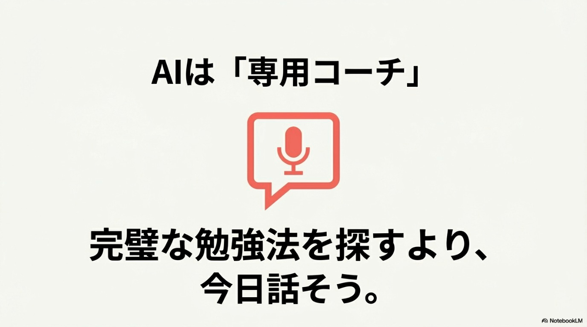 AIは専用コーチであるというメッセージ。完璧な勉強法を探すよりも、今日話し始めることが重要であることを伝えるマイクのアイコン。