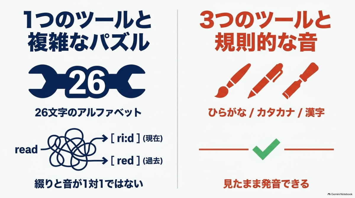 英語は26文字のアルファベットを使い綴りと音が1対1ではないのに対し、日本語はひらがな・カタカナ・漢字の3つのツールを使い分け、見たまま発音できることを示す図