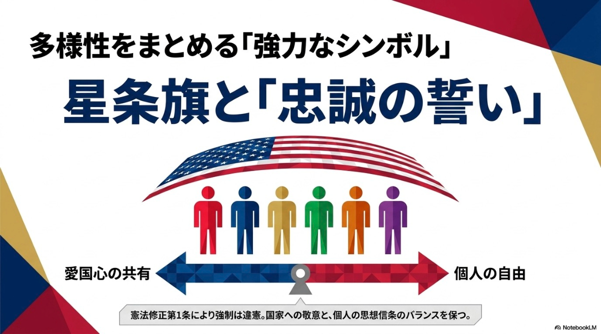 多民族国家アメリカをまとめるシンボルである星条旗と愛国心の共有、および個人の自由とのバランスについてのスライド
