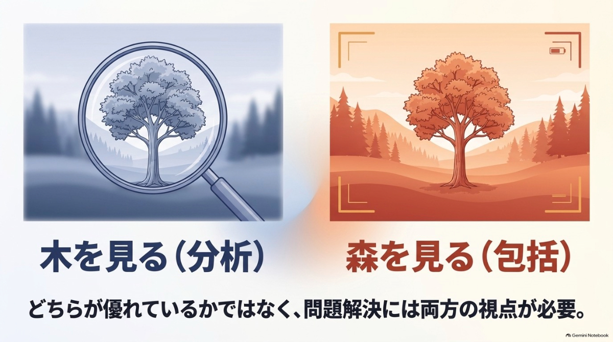 対象を分析する西洋の思考(木を見る)と、背景を含め包括的に捉える東洋の思考(森を見る)を対比させたイラスト