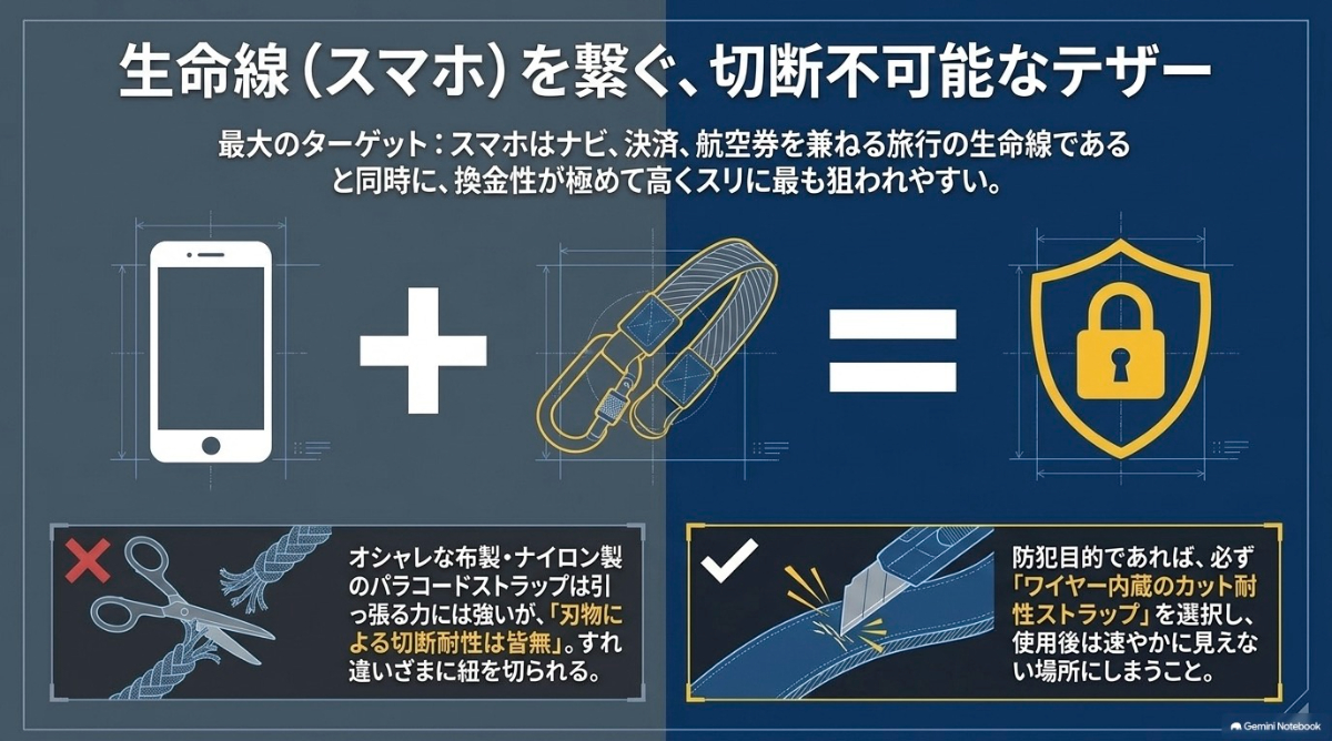 盗難を防ぐためのカット耐性のあるスマートフォン用防犯ストラップを紹介したスライド