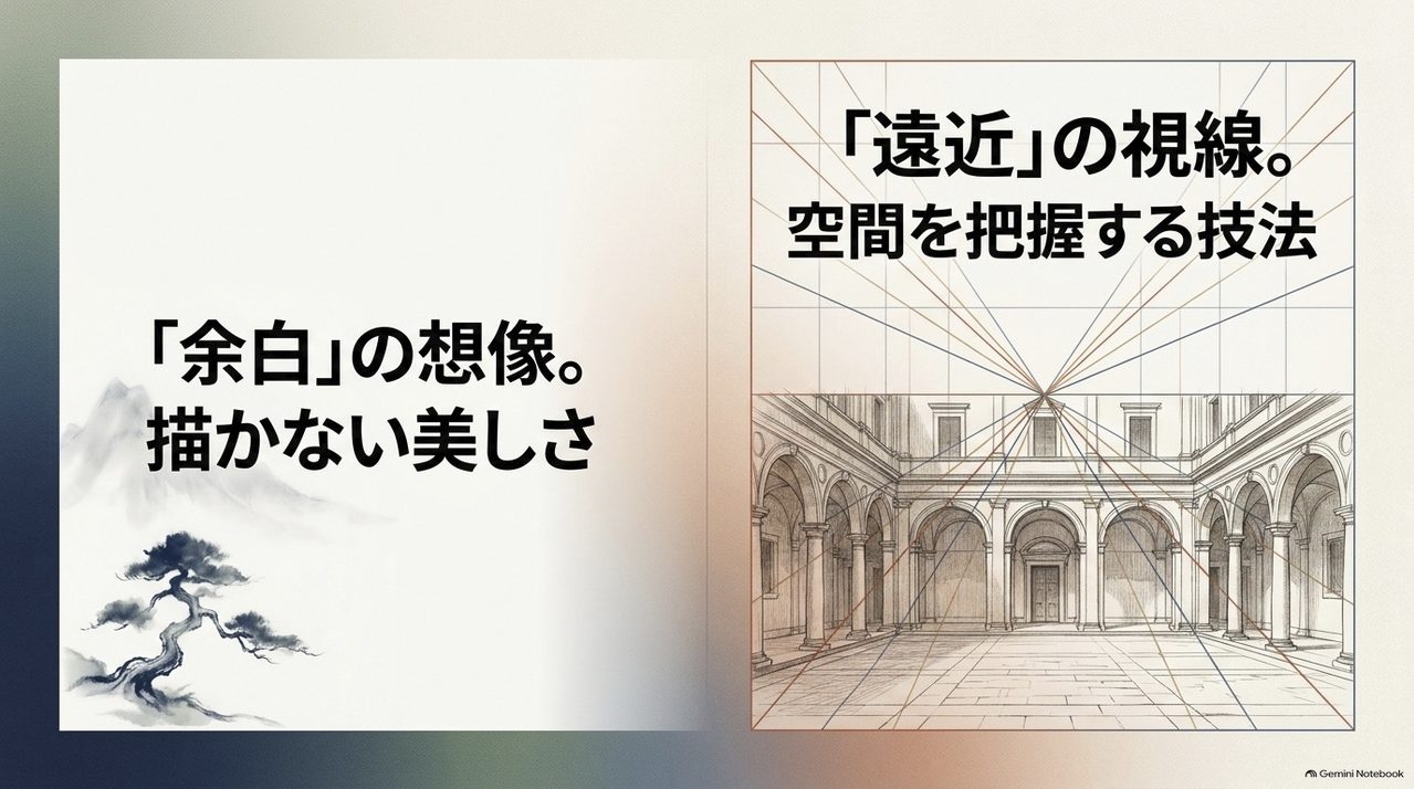 美術やアートにおける東洋と西洋の違いを示したスライド