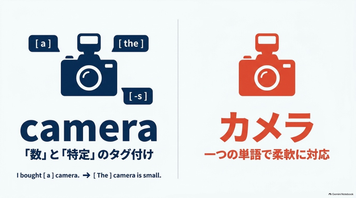 英語では名詞(camera)に対して「a」「the」「-s」といった「数」と「特定」のタグ付けをする必要があるが、日本語では「カメラ」という一つの単語で柔軟に対応することを示す図