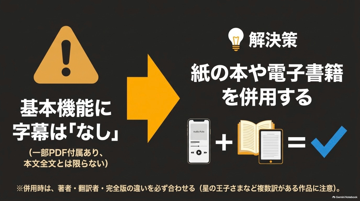 オーディブルには基本字幕がないため、紙の本や電子書籍を併用する解決策