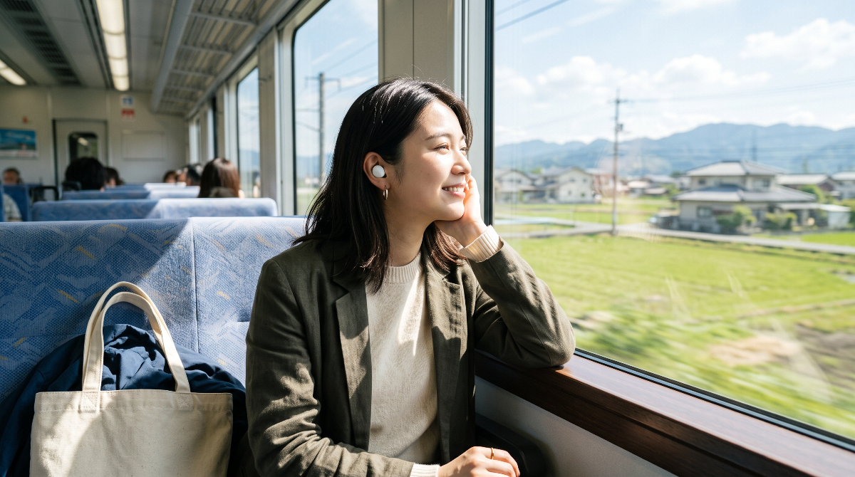 電車での通勤・移動中にワイヤレスイヤホンでオーディオブックを聴く女性