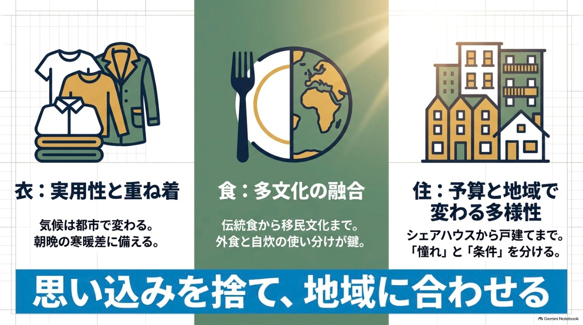 日本とオーストラリアの衣食住の違い（実用性、多文化の融合、予算と地域の多様性）のスライド