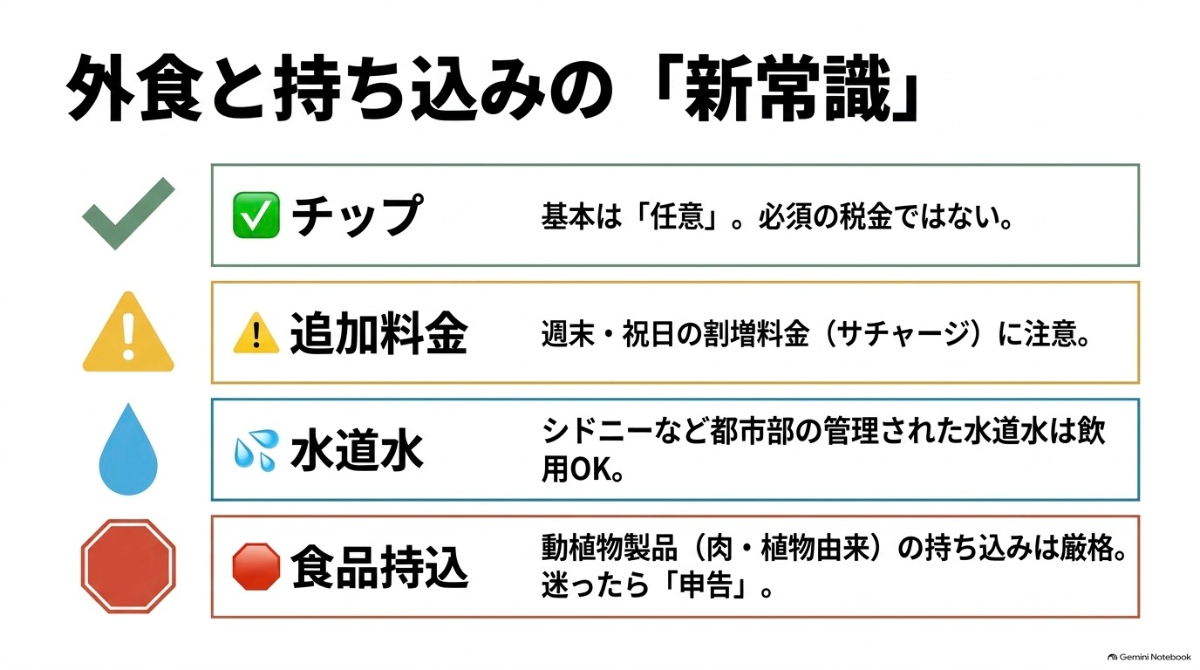 オーストラリアの外食時のチップや追加料金、水道水の飲用、食品持ち込みの注意点