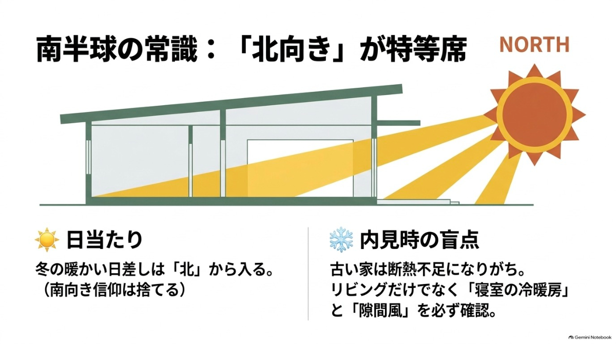 南半球のオーストラリアでは北向きの家が日当たりが良いことと、内見時の確認ポイント