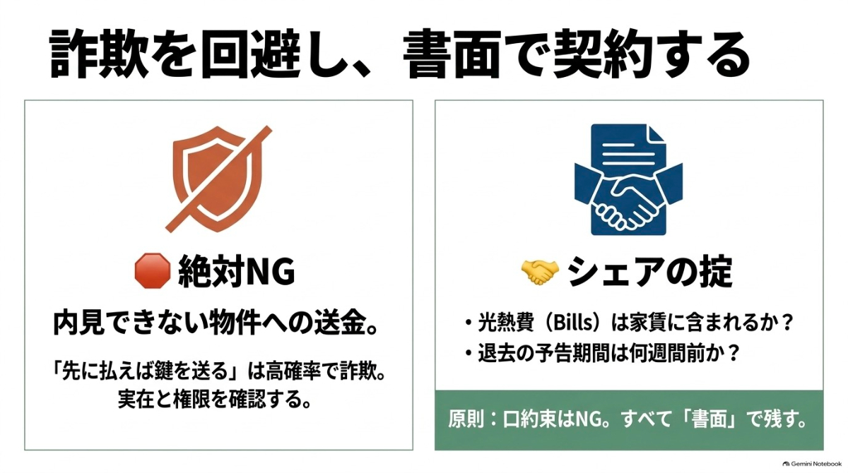 家探しのトラブルを回避し、契約は書面で残すことの重要性を示したスライド