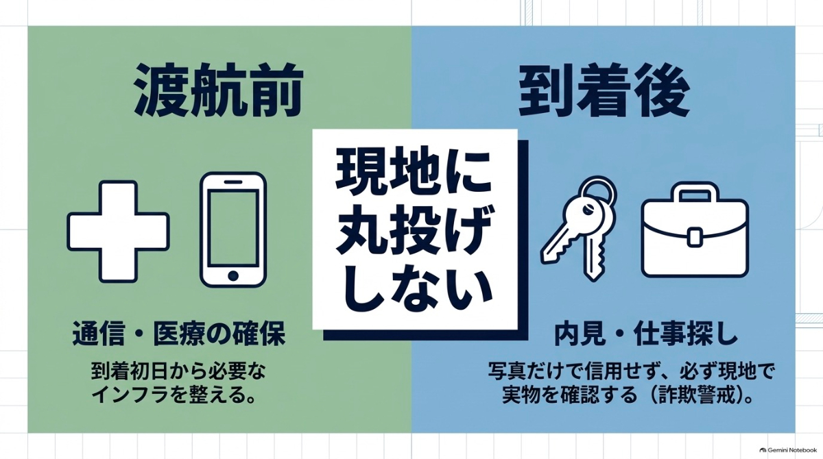 渡航前に通信と医療を確保し、到着後に実物を確認して内見や仕事探しを行うポイント