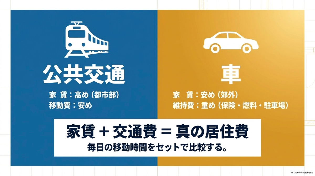 都市部の公共交通と郊外の車の維持費を比較し、家賃と交通費をセットで考えるポイント