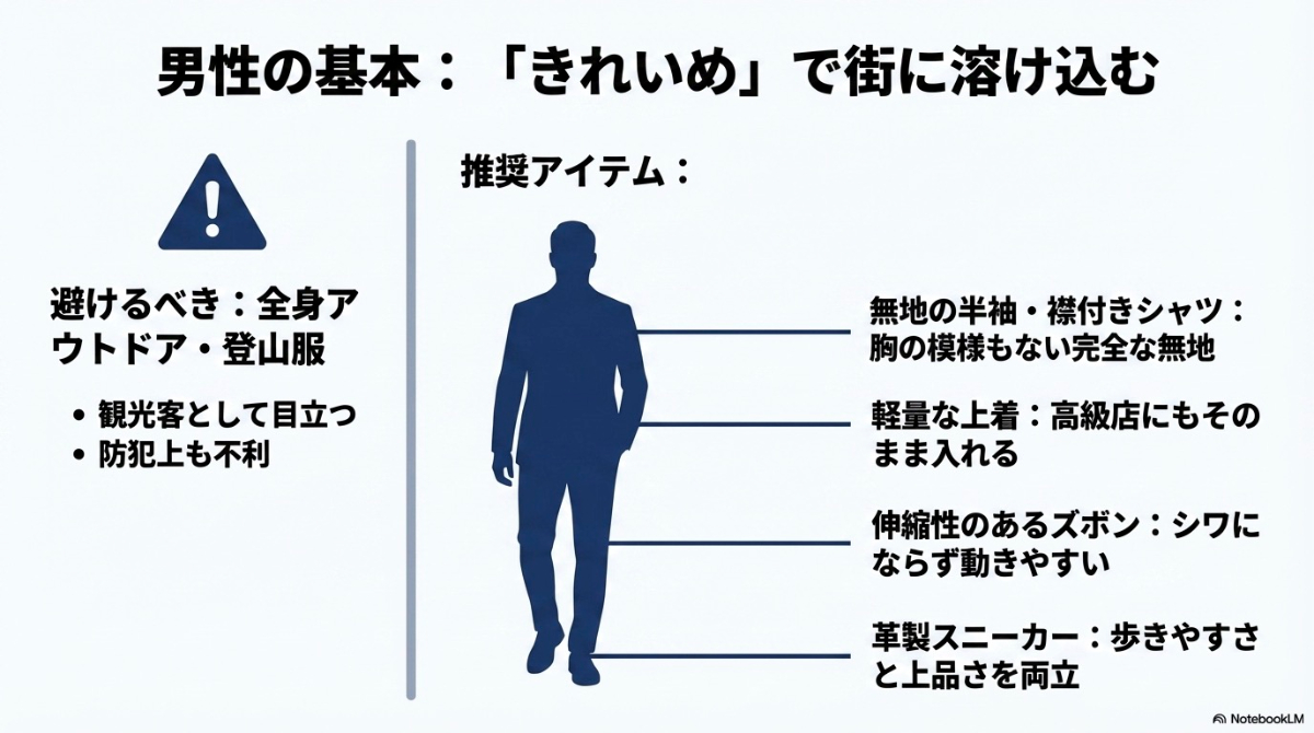 きれいめで街に溶け込むことを重視した、男性の海外旅行向け推奨アイテムと避けるべき服装