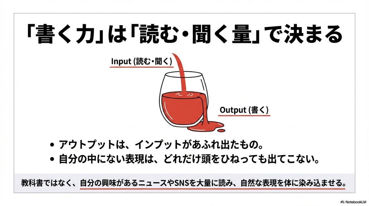 インプット（読む・聞く）が土台となり、そこからアウトプット（書く）があふれ出る様子を示した図。
