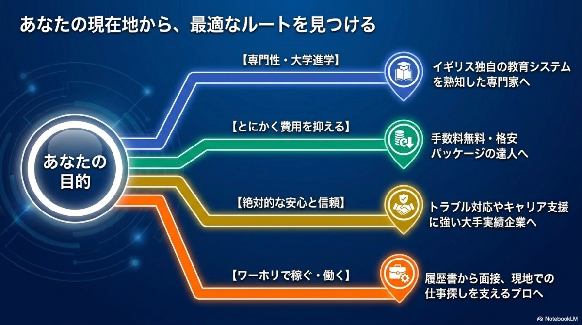 目的別の最適なエージェントの探し方。専門性・大学進学、費用を抑える、安心と信頼、ワーキングホリデー