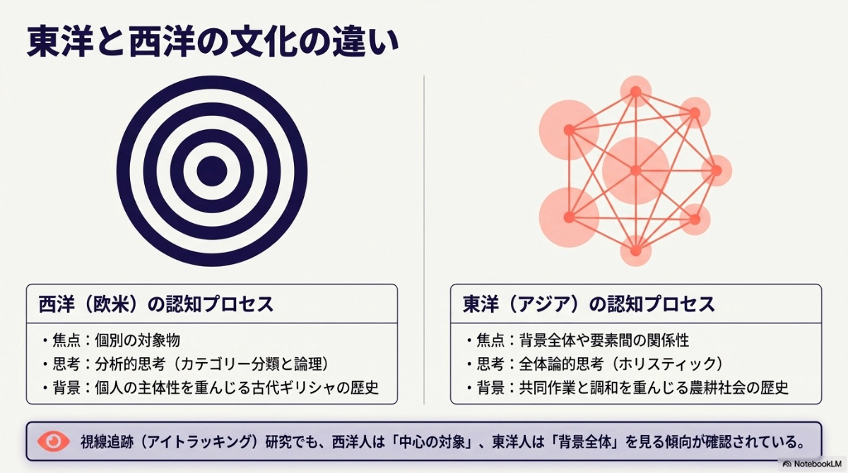 東洋の全体論的思考と西洋の分析的思考における、認知プロセスと焦点の当て方の違いを示す比較図