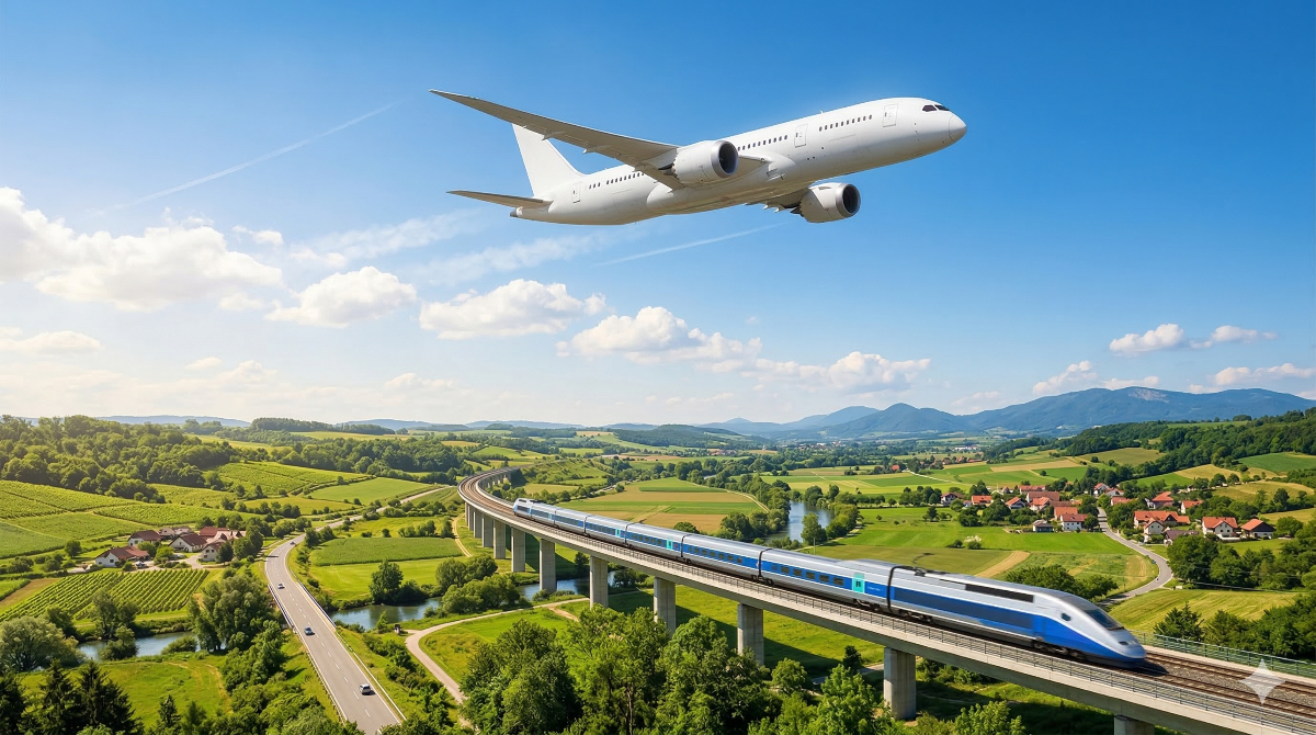 オープンジョーに欠かせないサーフェイスの魅力を飛行機と鉄道の組み合わせで表現。