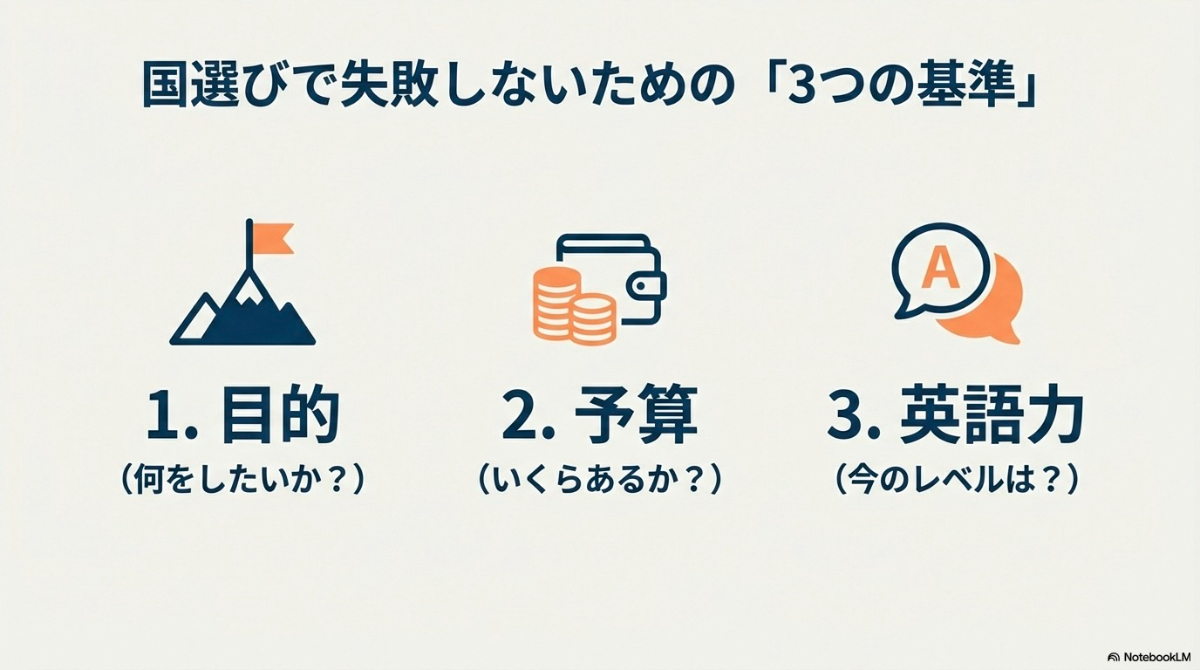 ワーキングホリデーの国選びで失敗しないための3つの基準(目的・予算・英語力)を示した図