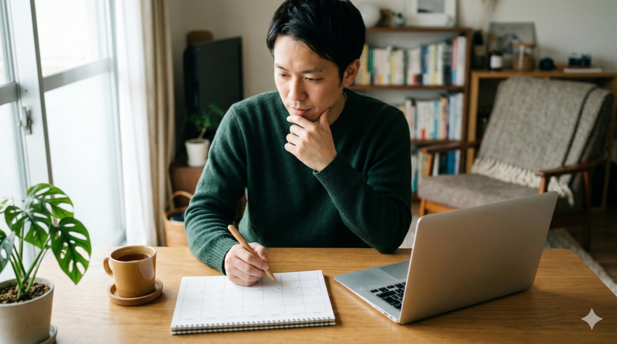 日本人の男性が自宅のPCとカレンダーで海外航空券の安い時期を検索・計画する様子。