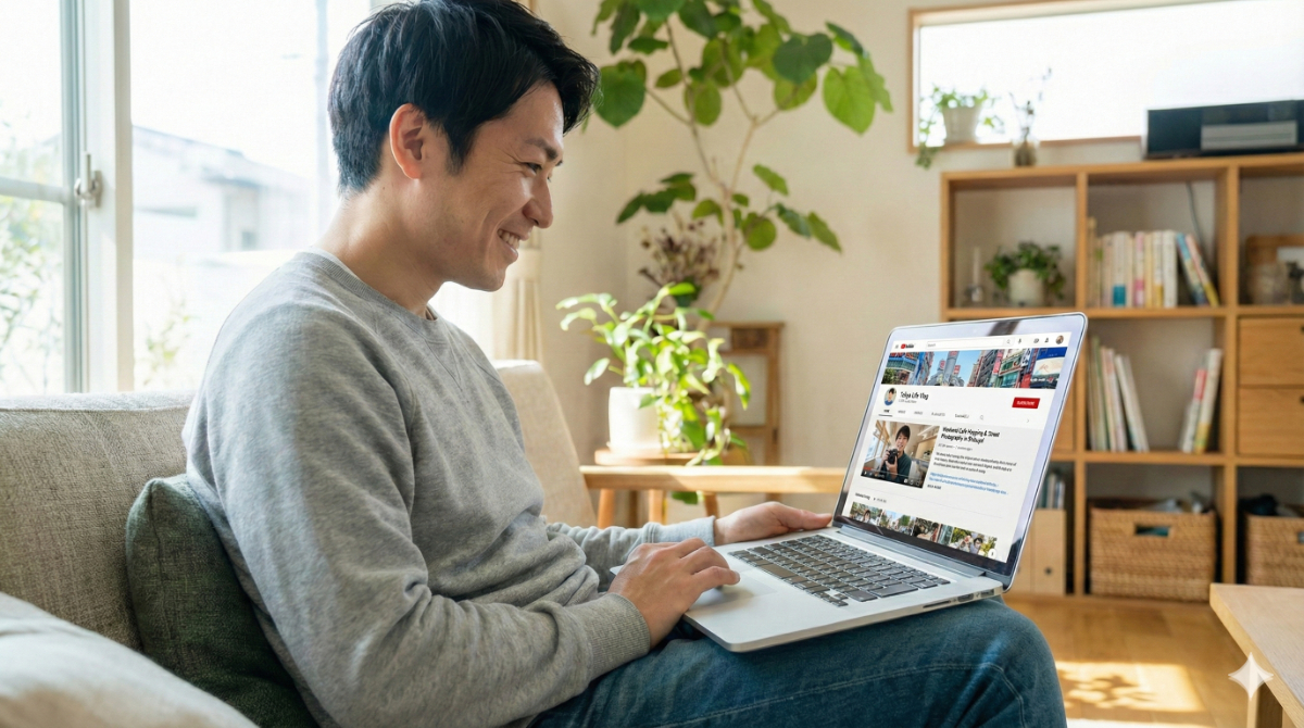 VlogなどのYouTube動画を通じて、日本語に翻訳せず直感的に英語を学ぶ日本人男性のイメージ