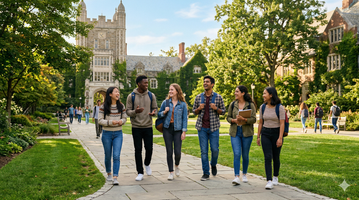 海外のキャンパスで友人と楽しそうに会話している留学生の様子