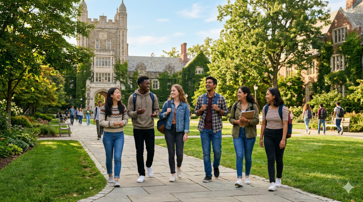 カナダやオーストラリアなどの安全で緑豊かな大学キャンパスで、笑顔で交流する多様な留学生たち