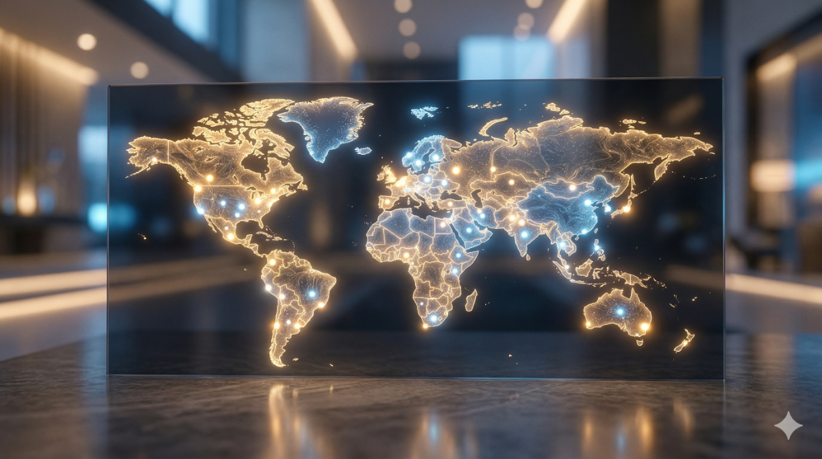 安全な国や地域をイメージした近未来的な世界地図を表現