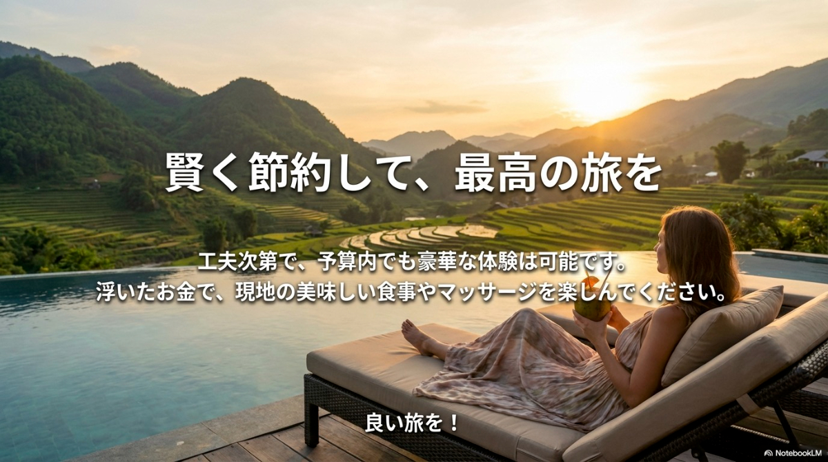 予算内で豪華な体験をして最高の旅にするためのメッセージスライド